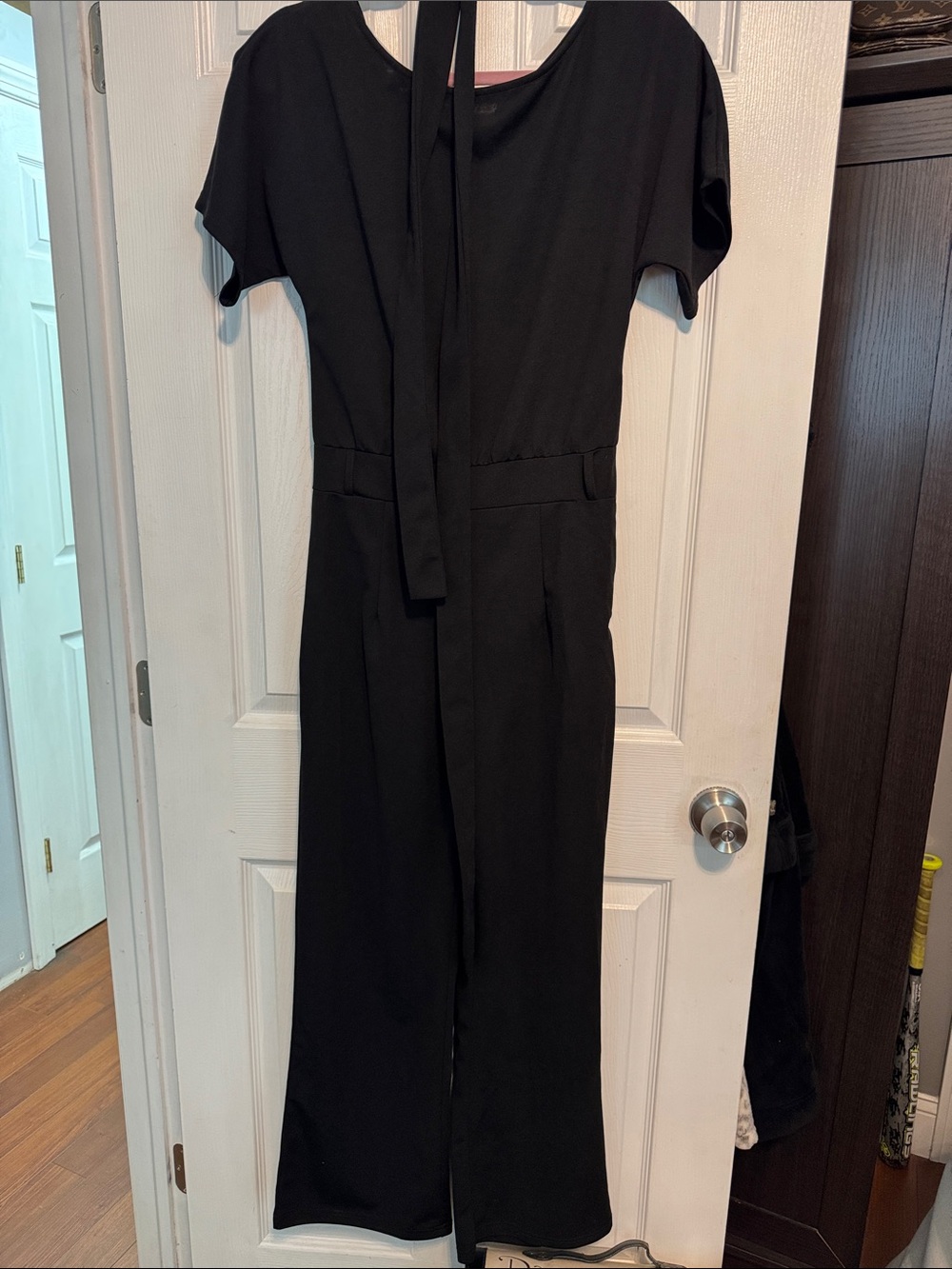 Black Short Sleeve Wide-Leg Jumpsuit with Tie Back